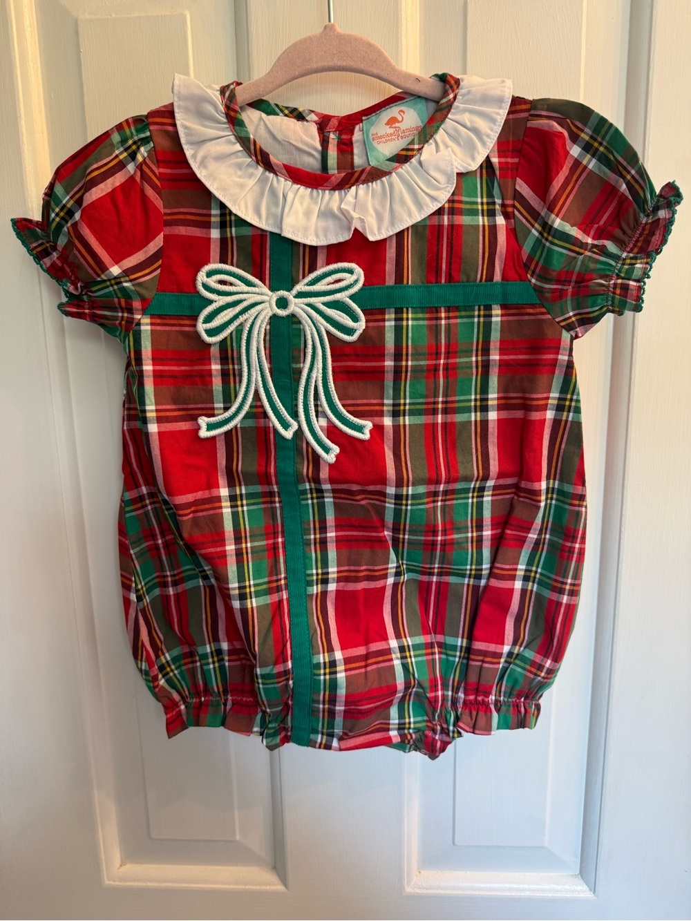 The Smocked Flamingo Christmas Plaid Bow Bubble Romper Girls